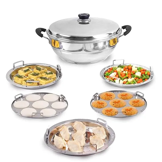 The Indus Valley Stainless Steel Idli Maker Momo Maker Multi Kadai Steamer Set Large, 5 Plates, 2 Idli 2 Dhokla 1 Steamer
